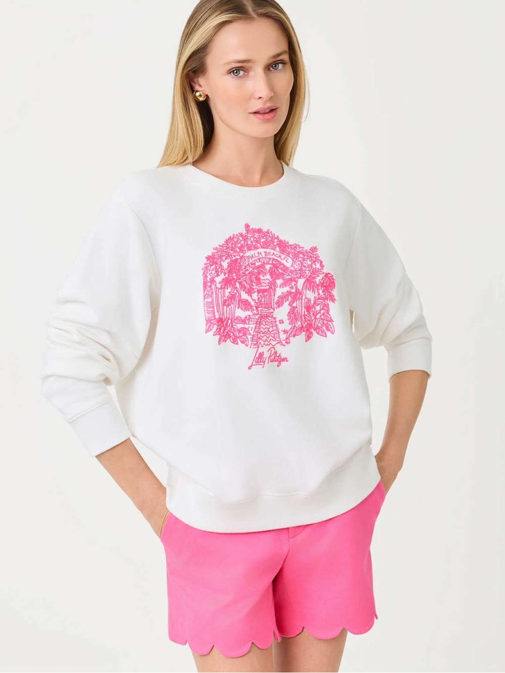 Lilly Pulitzer Ballad Cotton White Sweatshirt with Pink Tropical Graphic